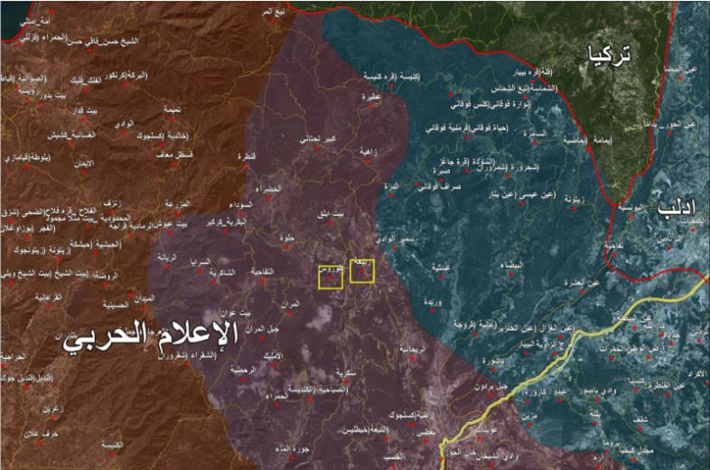 خريطة وزّعها «الإعلام الحربي» لتوزّع السيطرة في ريف اللاذقية الشمالي