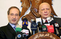 سطانوف والمقداد خلال مؤتمرهما الصحافي في دمشق أمس (يوسف البدوي ــ إي بي أي)