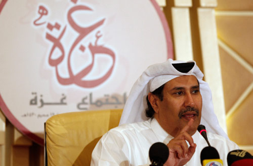 حمد بن جاسم في مؤتمره الصحافي في الدوحة أمس (حسان عمار ـــ أ ب)