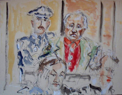 رسم لوقائع جلسة محاكمة توفييه عام 1994 بريشة صحافي فرنسي (perso.orange.fr)