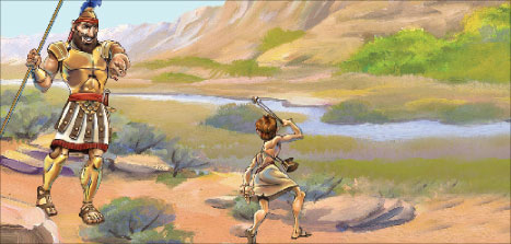 صورة من كتاب التوراة للأطفال تروي المعركة بين جالوت وداوود