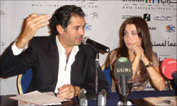 راغب علامة ونانسي عجرم  خلال المؤتمر الصحافي في عمان.