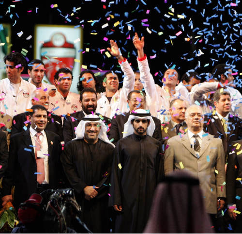 لقطة من احتفالات المنتخب المصري بتتويجه بكأس أمم أفريقيا في دبي (كريم صاحب ـ أ ف ب)