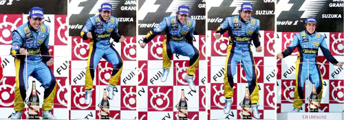 الإسباني فرناندو ألونسو محتفلاً بفوزه في سباق جائزة اليابان الكبرى على حلبة “سوزوكا” (إي بي آي)
