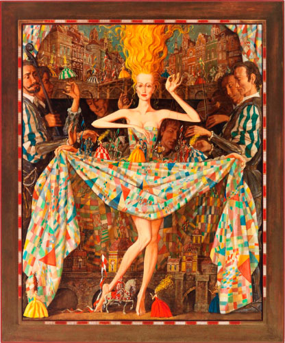 لوحة لرومان سازلونوف بعنوان Théâtre en patchwork (55 × 47 زيت على كانفاس)