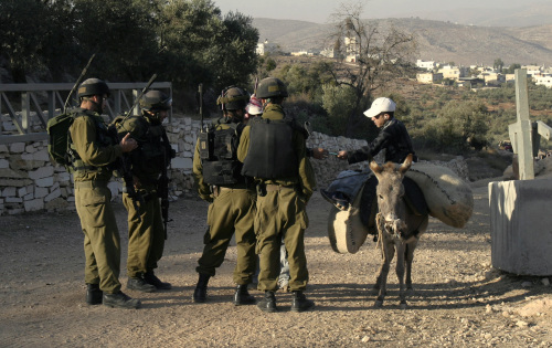 جنود إسرائيليّون يتفقّدون أوراق فلسطيني في الضفّة أمس (ناصر قشطايه ـ أ ب)