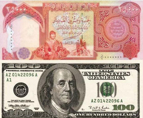 100 دولار وعملة عراقيّة من فئة 25000 دينار