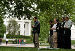 مسلمون يصلّون خلال مسيرة لـ«فلسطين حرة» في واشنطن في أيّار الماضي (أ ف ب)