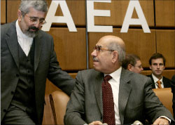 البرادعي يتحدث للسفير الايراني لدى الوكالة الدولية للطاقة الذرية علي اصغر سلطانية في فيينا اول من امس (ا ب)