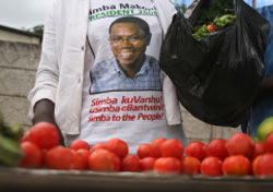 امرأة من زيمبابوي ترتدي قميصاً عليه صورة سيمبا ماكوني في هراري أمس (أ ب)
