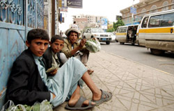 أطفال يمنيون يعرضون القات للبيع في احد شوارع العاصمة صنعاء (م. حويس - أ ف ب)