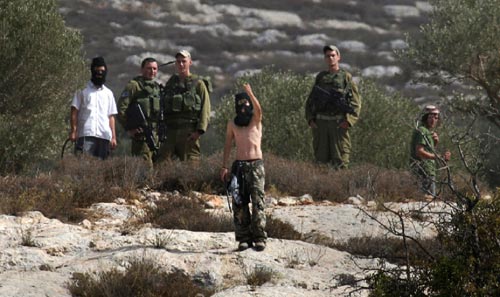 مستوطن يهتف ضد قاطفي الزيتون الفلسطينيين في الضفة الغربية امام أنظار الجنود الإسرائيليين (ناصر اشتيه - أ ب)