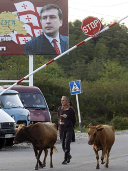 جورجي أمام صورة لسكاشفيلي على حدود أبخازيا (جورجي ابدلادز ــ أ ب)