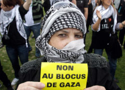 خلال اعتصام لمتضامنين فرنسيين مع القضية الفلسطينية في باريس أمس (أ ب)