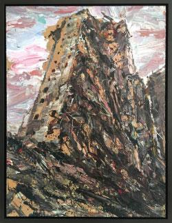 «برج إيطاليا ــ غزة» لأيمن بعلبكي (أكريليك على كرتون مثبت على كانفاس ــ 100×70 سنتم ــ 2015)
