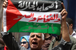 مصري يحمل علم فلسطين خلال تظاهرة لحركة «كفاية» في القاهرة في 6 نيسان الجاري (كريس بورونكل ـــ أ ف ب)