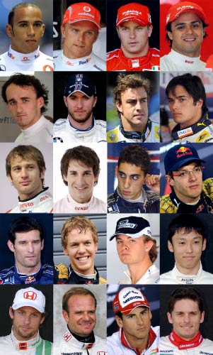 صورة مركّبة تظهر السائقين الـ20 الذين سيخوضون غمار موسم 2009 في الفورمولا 1 (أ ف ب)